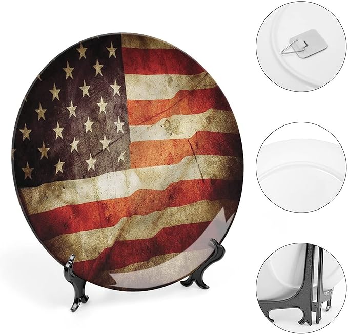 Ceramic Display Plate, American Flag Ceramic Hanging Decorative Plate, Grunge Look Patriotic, 8 Inch, Household Custom Ceramic Plate, Multicolor