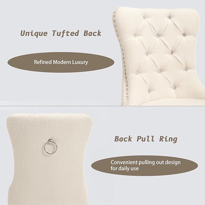 KCC Boucle Dining Chairs Set of 2, Upholstered High-end Tufted Dining Room Chair with Nailhead Back Ring Pull Trim Solid Wood Legs, Contemporary Nikki Collection Modern Style for Kitchen, Cream