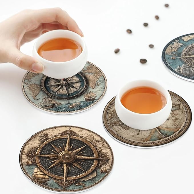 Nautical Compass Coasters for Drinks with Holder Round Leather Coasters Set of 6 Cups Mugs Mat Pad for Home Kitchen Bar