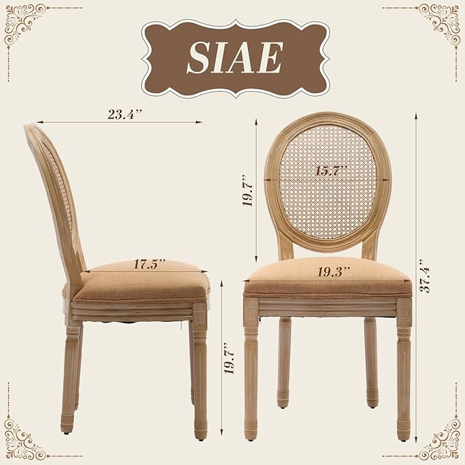SoarFlash French Dining Chairs Set of 6, Vantage Dining Chair with Round Back, Wood Leg Farmhouse Country Rattan Dining Chair for Kitchen,Bedroom,Brown