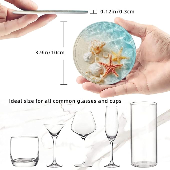 Beach Coasters for Drinks with Holder Round Leather Coasters Set of 6 Cups Mugs Mat Pad for Home Kitchen Bar