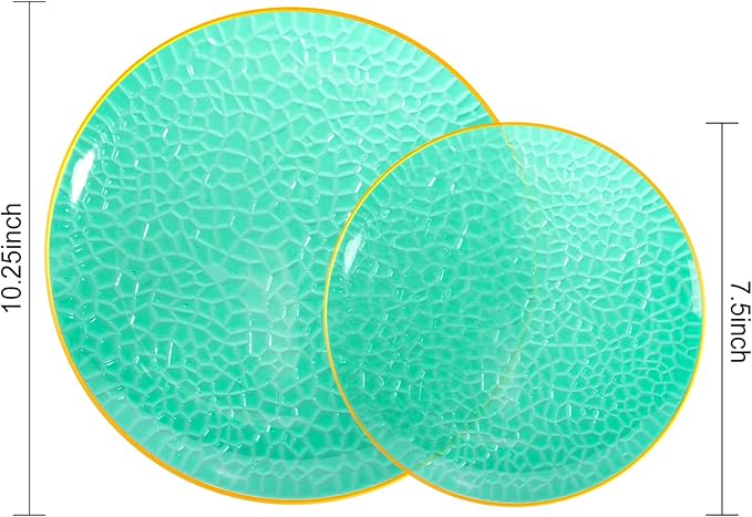 Hioasis 60pcs Green Plastic Plates - Gold Rimmed Disposable, Hammered, Heavy-duty Dinnerware Set Suitable for 30 Guests, 10.25" Dinner & 7.5" Dessert Plates for Party & St. Patrick's Day