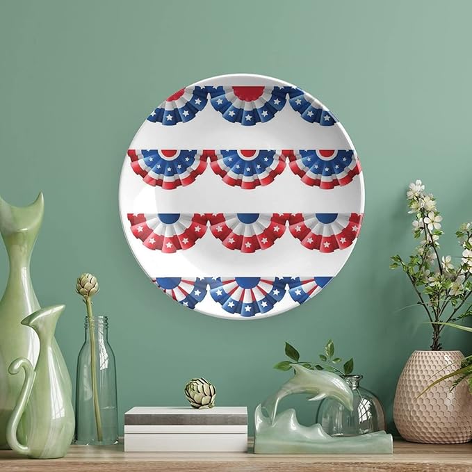 Decorative Plates, American Flag Decor Print Ornament, Flag Round Bunting Election Ornament Pattern, 6 Inch, Kitchen Wall Decor, Blue Red