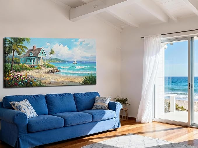 Anolyfi Tropical Canvas Wall Art for Living Room, Palm Tree Nature Coastal Seascape Painting Wall Decor Textured Artwork for Bedroom Hallway Kitchen Office Home Decor 40"x20"