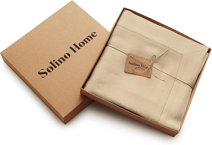 Solino Home Linen Tablecloth for Rectangle Tables 60 x 108 Inch - Classic Hemstitch 100% Pure Linen Beige Table Cloth - Machine Washable Cloth Tablecloth for Spring, Easter