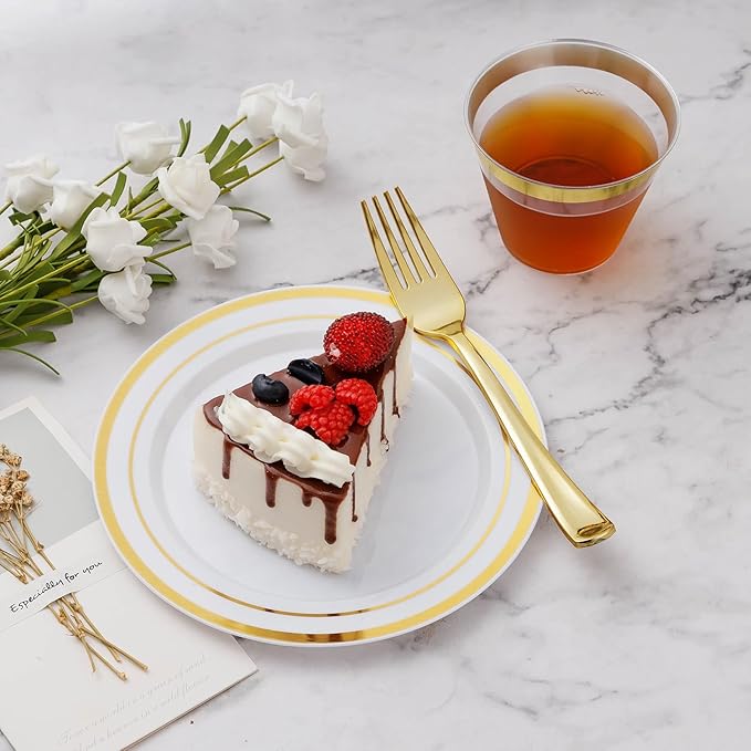 BESTVIP 100PCS Gold Plastic Plate, 7 Inch Disposable Dessert Plate Party with Gold Rim, Heavy Duty Disposable Plastic Plates for Party, Wedding and Birthday