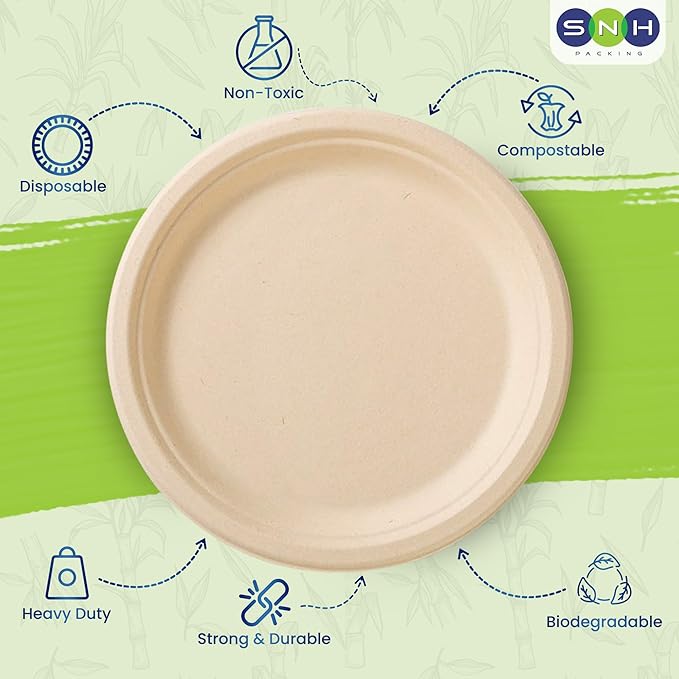 SNH Packing 100% Compostable Plates 10 Inch [125-Pack], Heavy Duty Dinner Paper Plates, Eco-Friendly Biodegradable Sugarcane Bagasse, Natural Brown Disposable Plates for Dessert, Party, BBQ & Picnic