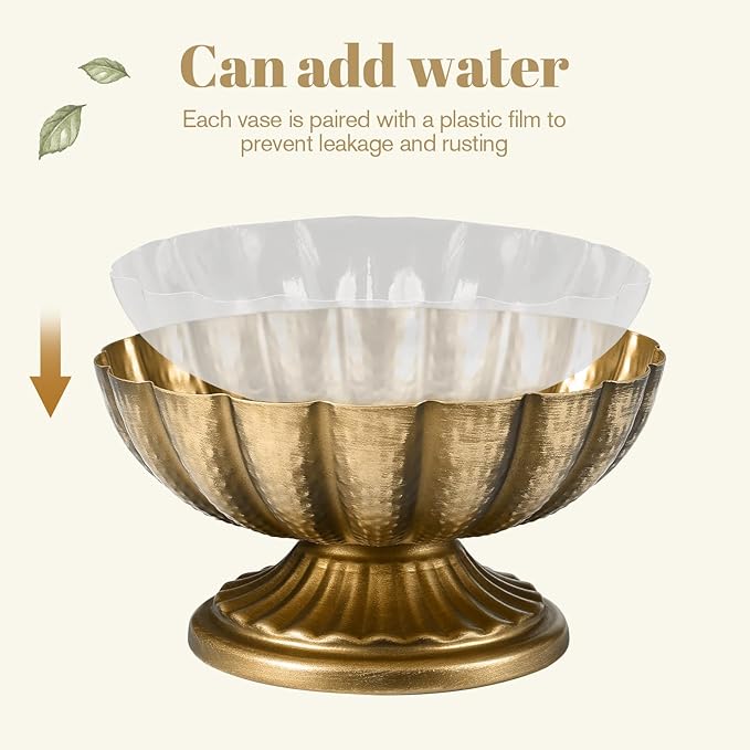 Set of 4, 7'' Wide 3.94'' High Distressed Gold Compote Pedestal Vases, Vintage Antique Urn Gold Flower vases for Centerpieces, Metal Compote Bowl Vase for Wedding Centerpieces