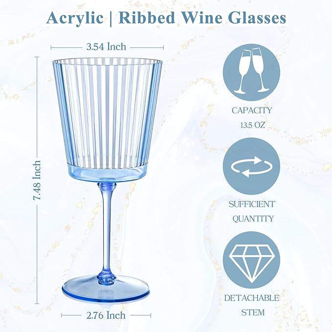 24 PCS Blue Ribbed Plastic Wine Glasses 13.5 OZ Ribbed Wine Glasses Detachable Wine Glass Elegant Fluted Glassware Vintage Style for Wedding Anniversary Birthday Dinner Parties(Blue, 24 Pack)