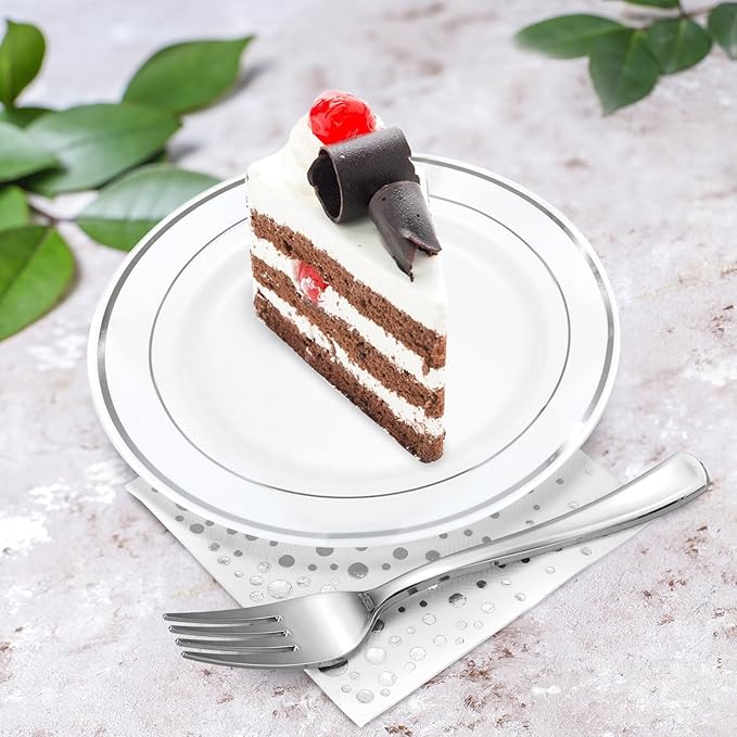 Stylish Disposable Party Set - 100 Cups, Forks, Napkins, 7.5 Inch Dessert Plates, Cake Plates, Appetizer Plates