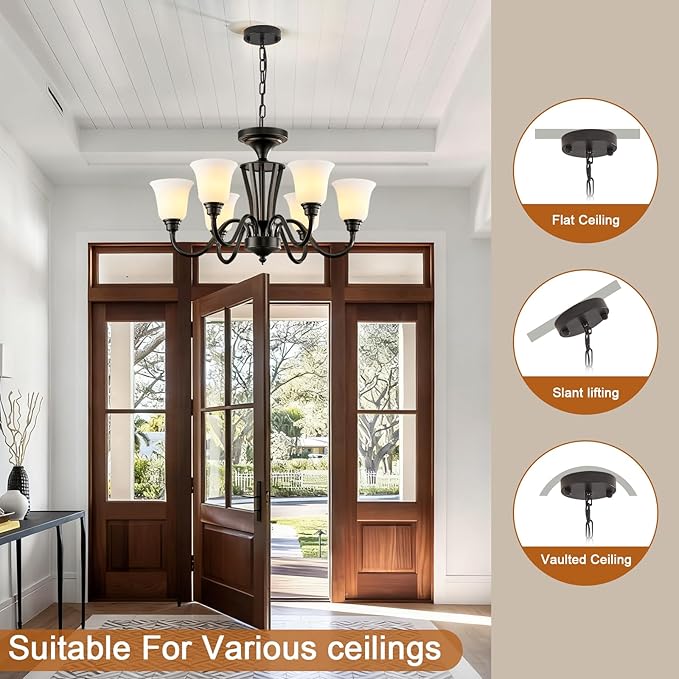 6-Light Dining Room Light Fixture Black，Industrial Farmhouse Pendant Light with White Frosted Glass Shades, Rustic Vintage Hanging Chandelier for Kitchen Island，Living Room&Home Decor