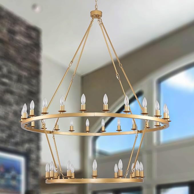48 Inch 2 Tier Gold Extra Large Wagon Wheel Chandelier 36-Lights Farmhouse Industrial Round High Ceiling Pendant Light Adjustable Chain, for Dining Room, Living Room