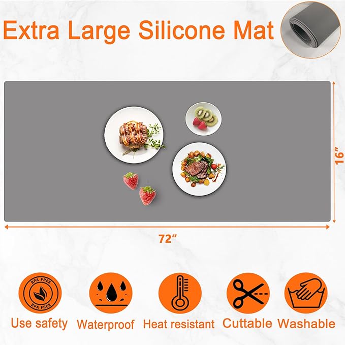 72''x16'' Extra Large Silicone Mat for Kitchen Counter, Heat Resistant Countertop Protector, Non-Slip Waterproof Kitchen Island Mat, Easy to Clean, Semitransparent