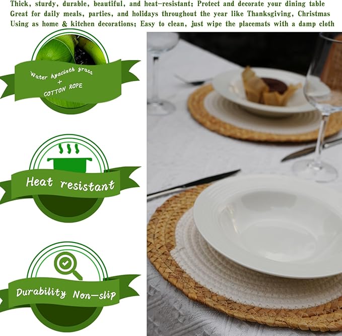 ANDSTAR Round Woven Placemats Set of 6, 12"x12", Natural Wicker Placemats, Water Hyacinth Straw Braided Placemats,Boho Place Mats for Farmhouse, Rustic Table (Water Hyacinth + White Cotton Rope)