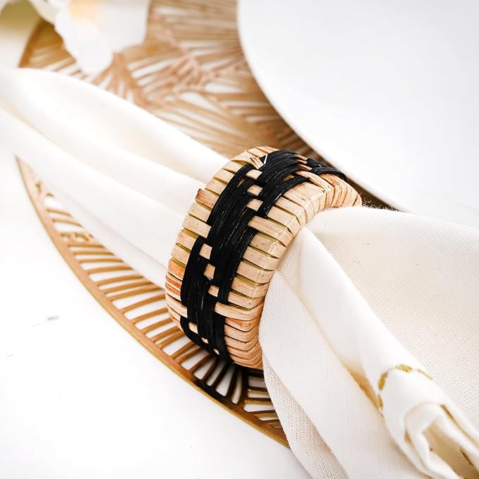 ALPHA Living HOME 12-Pack Black Natural Rattan Napkin Rings – Elegant Woven Serviette Holders for Weddings, Parties & Everyday Dining Decor