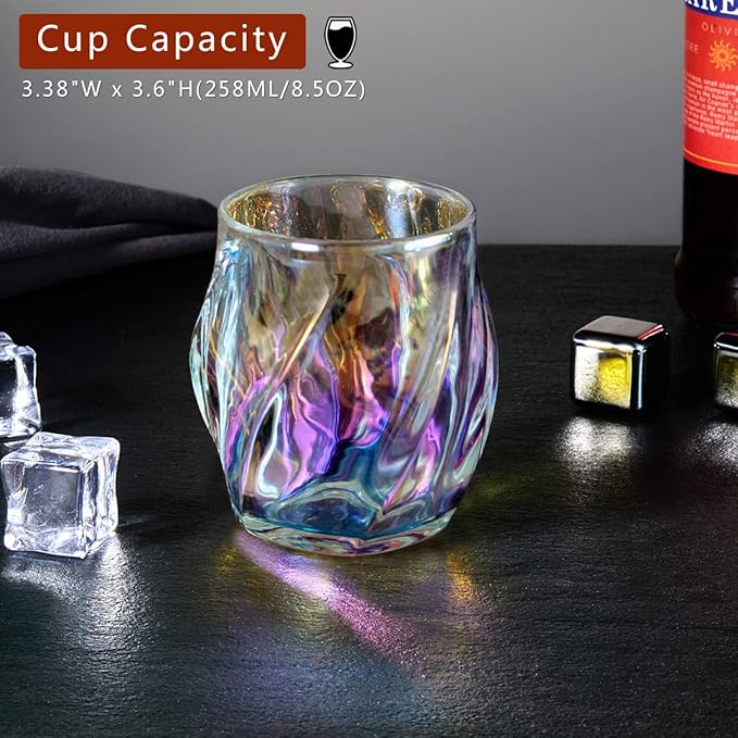 Whiskey Glasses Set of 2, Colorful Rock Glass, 8.5 OZ Drinking Glasses, Creative Twisted Crystal Old Fashioned Tumbler for Bourbon, Scotch, Cocktail, Tequila, Wine, Rum