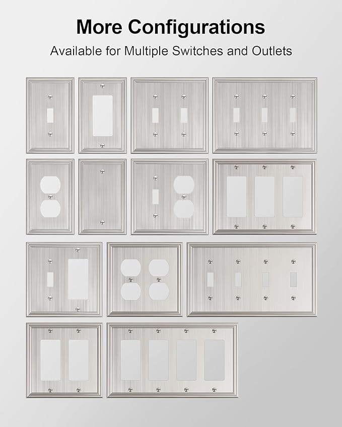 2-Pack Decorator Outlet Cover Plate, Brushed Nickel Decorative Switch Plates and Outlet Covers, Durable Zinc Alloy Wall Plates for Electrical Outlets, Receptacle, GFCI Outlet, Dimmer Switch