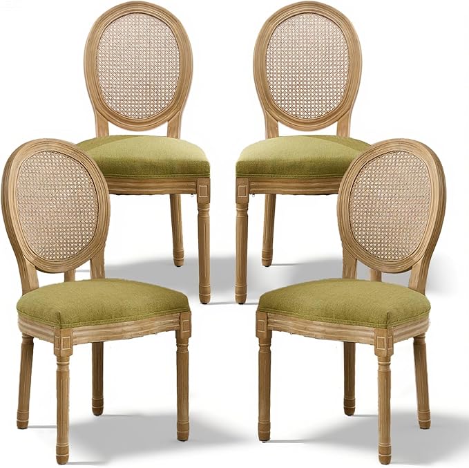 SoarFlash French Dining Chairs Set of 4, Vantage Dining Chair with Round Back, Wood Leg Farmhouse Country Rattan Dining Chair for Kitchen,Bedroom,Olive Green