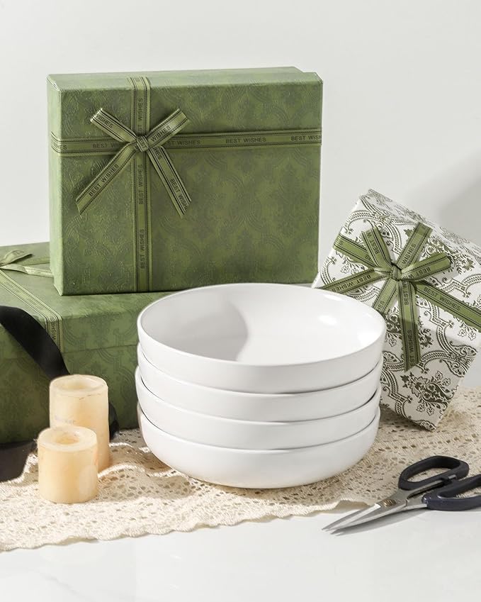 Pasta Bowls Set of 4, Stoneware 34 oz Salad Bowls, Ceramic Bowl Plates for Pasta, Salad, Fruit, Cereal, Soup, Wide Shallow Bowls, Microwave & Dishwasher Safe, Matte White