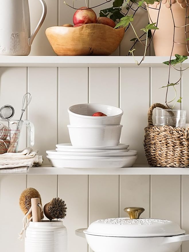 LE TAUCI Ceramic Plates and Bowls Set for 6, 18-Piece Ceramic Dinnerware Set, Farmhouse Dishes Set, Microwave & Dishwasher Safe, Stackable, 10" Dinner+8" Salad Plates+6" Bowls, White
