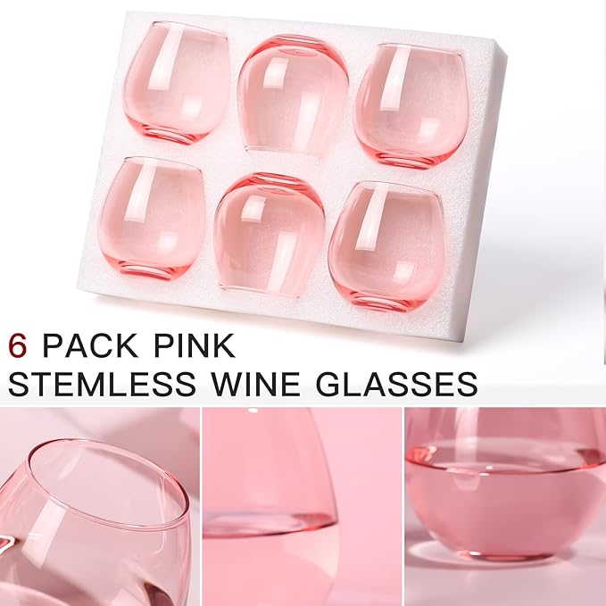 Pink Wine Glasses Set of 6-15oz -Colored Stemless Hand-Blown Wine Glasses, European Design Crystal Glass For Red & White Wine, Unique Gifts for Wedding, Birthday,Valentine's Day