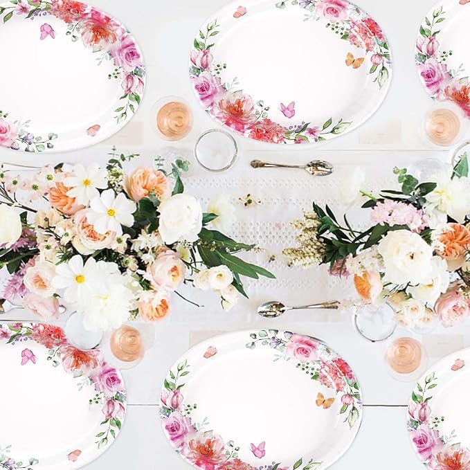 Grencian 50Pcs Floral Oval Paper Plates 10" x 12" Disposable Pink Rose Floral Party Plates Spring Pink Flower Dinnerware for Wedding Tea Party Birthday Bridal Baby Shower Mother's Day Decorations