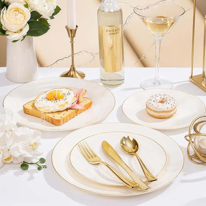 Nervure 100Pcs Ivory and Gold Plastic Plates - 10.25inch Disposable Ivory Dinner Plates - Heavy Duty Plastic Plate Ideal for Wedding & Party