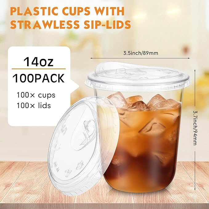 100 Sets Clear Plastic Cups with Strawless Sip Lids, Thickened Clear Disposable Plastic PET Crystal Cups for Iced Coffee, Smoothie, Cold Beverage, Drink Shops and Party Catering (14 oz)