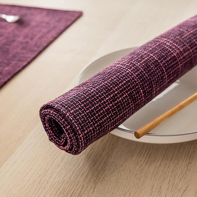 Kevin Textile Burlap Linen Placemats Set of 4 Heat Resistant Dining Table Place Mats Washable Kitchen Table Mats, 13 x19 inches, Red Purple