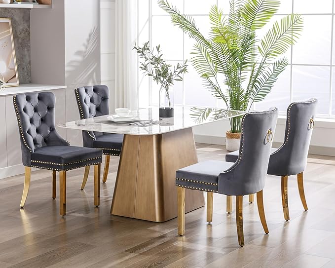 KCC Velvet Dining Chairs Set of 2, Upholstered High-end Tufted Dining Chair with Nailhead Back Ring Pull Trim Stainless Steel Legs, Contemporary Nikki Collection Modern Style for Kitchen, Dark Gray