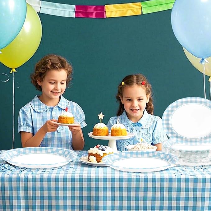 50PCS Light Blue Gingham Paper Oval Plates 10" X 12" Disposable Light Blue and White Gingham Party Plates Disposable Heavy Duty Checkered Plaid Dinnerware for BBQ Gathering Picnic Baby Shower Birthday