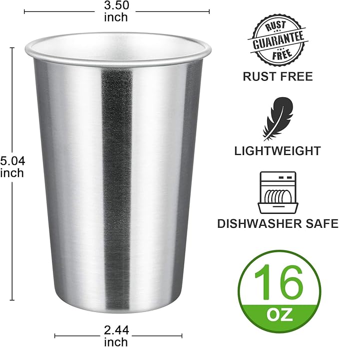 MEWAY Premium Stainless Steel Cups 16 oz Pint Cup Tumbler (4 Pack) - Premium Metal Cups - Stackable Durable Cup，Chilling Beer Glasses, for Travel, Outdoor, Camping