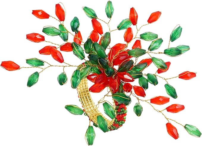 Handcrafted Beaded Napkin Rings Set of 12 – Red & Green Crystal Flower Design, Elegant Table Décor for Christmas, Weddings & Dinner Parties