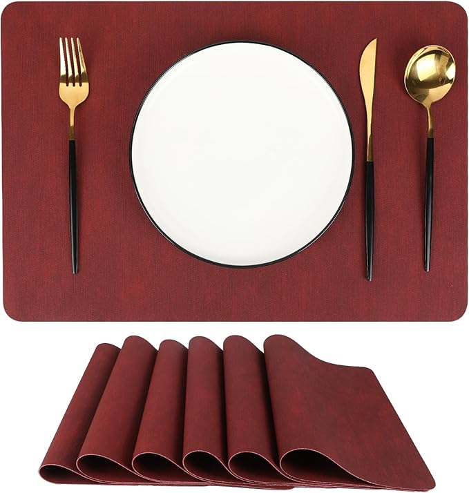 Red Reversible Faux Leather Placemats – Set of 6 Waterproof, Heat-Resistant & Easy-to-Clean Table Mats for Modern Dining