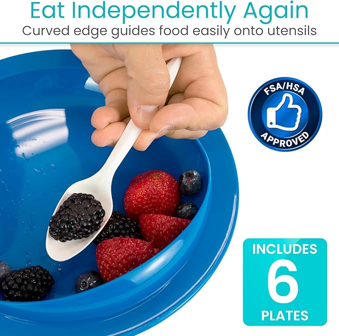 Vive Spill-Proof Scoop Plate, 9" (6 Pack) - Dish with Wall for Disabled, Handicapped, Elderly Adults with Special Needs from Parkinsons, Dementia, Stroke, Tremors with - Non Skid Padded Bottom