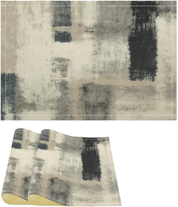 Gradient Placemat Set, Modern Minimal Fashion Abstract Beige Grey Blue Art Oil Painting Brush Strokes Patchwork Pattern Home Decor Linen Table Mats for Dining Room Kitchen Party (17x12in) x2P
