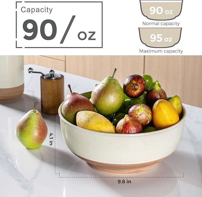 AmorArc 9.8’’ Ceramic Serving Bowls, 90 OZ Extra Large Salad Bowls Set of 2, Stoneware Oversized Bowls with Rustic Terracotta Underside for Salad, Soup and Dinner. Large Bowls for Entertaining &Gift