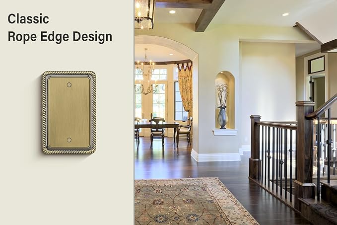 Henne Bery Rope Edge Decorative Wall Plate Switch Plate Outlet Cover (Single Blank, 2 Pack, Antique Brass)