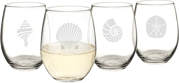 Cathy's Concepts SEA-1110 Seashell Stemless Wine Glasses – 4 Unique Designs, Holds Up to 21 oz., 4-Glass Set