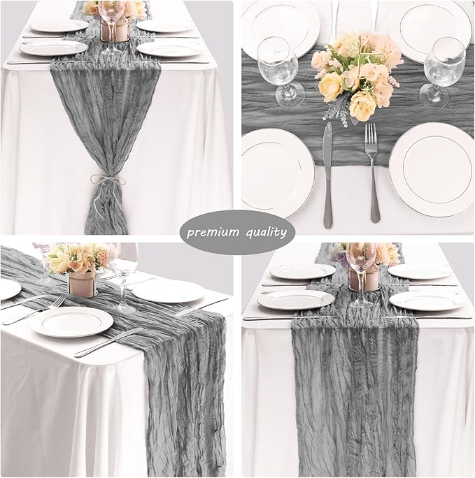 12 Pack 10Ft Cheesecloth Boho Gauze Table Runner - 35x120 Inch Rustic Cheese Cloth Long Table Runner for Wedding, Bridal Shower, Birthday Party Decor (Gray)