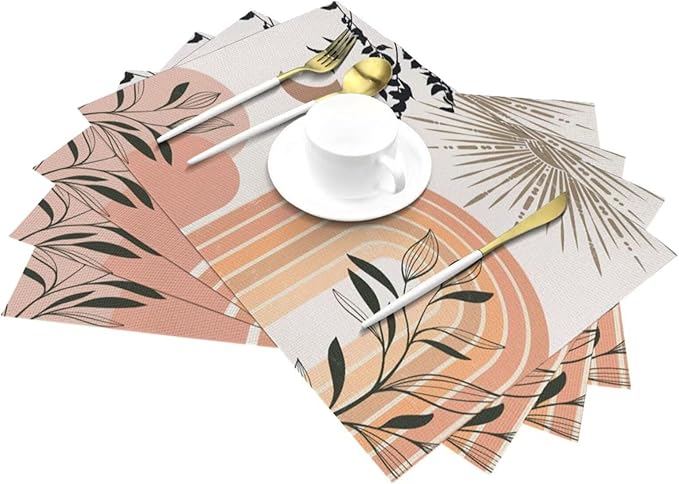 Mid Century Abstract Boho Placemats Geometric Leaf Sun Minimalist Modern Cafe Washable Place Mats 12x18Inch for Dining Kitchen Farmhouse Decor 4 PCS