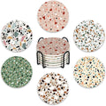 Terrazzo Ceramic Coasters with Holder Set of 6, Colorful Modern Art Absorbent Drink Cup Mat for Coffee Table Protection, 4 Inches Minimalist Artistic Home Kitchen Decor Housewarming Gifts