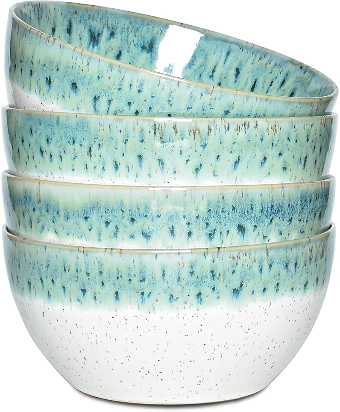Bosmarlin Stoneware Soup Bowl Set of 4, 26 Oz, Cereal Bowl for Oatmeal, Dishwasher and Microwave Safe, Reactive Glaze (Turquoise Green, 6 in)