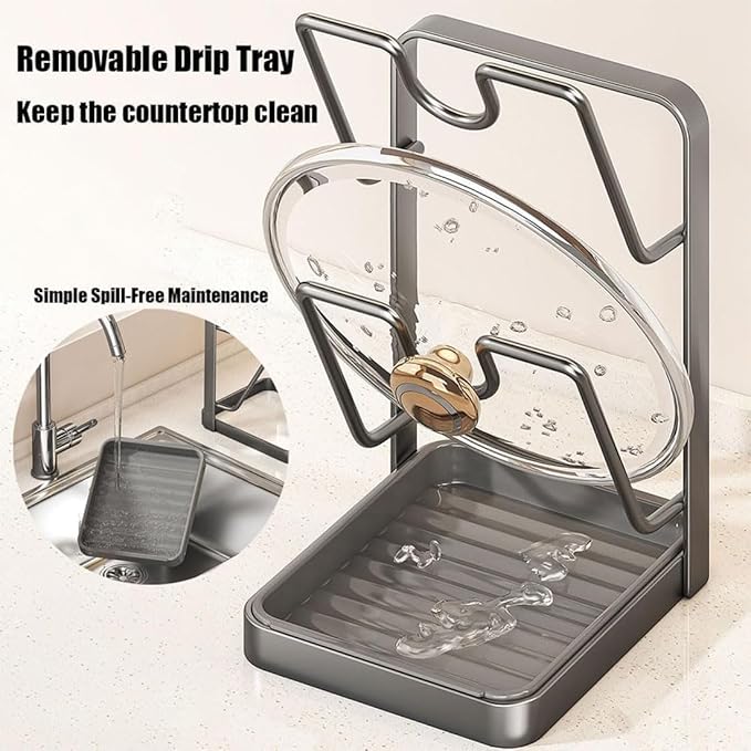 Kitchen Pot Lid Storage Rack, Stainless Steel Pot Lid Holder While Cooking for Countertop, Multifunctional Pots Lids Organizer Rack with Removable Drip Tray for Spatulas, Ladles & Large Lids(Gray)