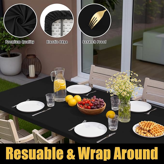 Smiry Rectangle Picnic Table Cloth, Waterproof Elastic Fitted Tablecloths for 4 Foot Tables, Washable Polyester Table Cover for Camping, Indoor and Outdoor (Black, 30"x48")