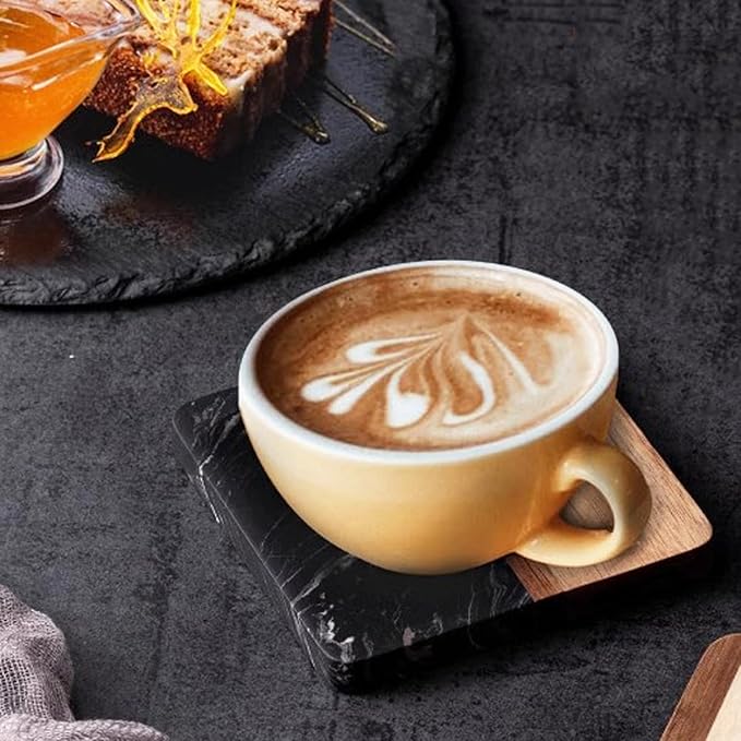 I-LAN 4 Pack Acacia Wood and Black Marble Style Coasters, 4x4 Inch Square Modern Drink Coasters Set, Decorative Mixed Material Coasters for Coffee Table, Bar, and Housewarming Gift