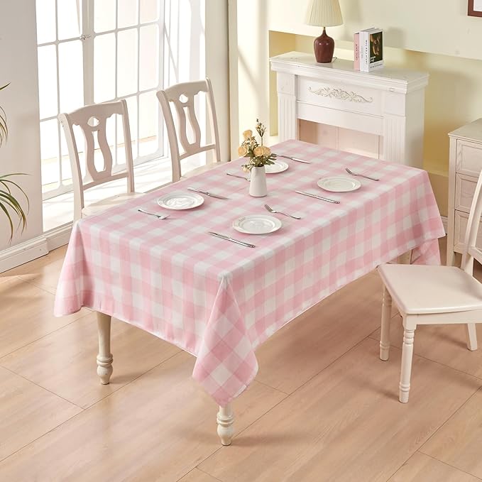 BALCONY & FALCON Rectangle Gingham Table Cloth – Water-Resistant Cotton Blend Washable Checkered Tablecloth for Valentine，Outdoor Picnic, Camping, Kitchen, Party Decor (Pink White, 55x95 Inch)