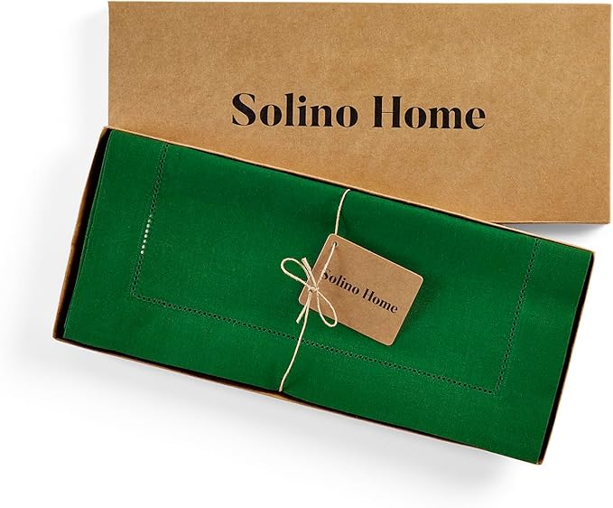 Solino Home Linen Table Runner 48 Inches - 100% Pure Linen Garden Green Hemstitch Table Runner 14 x 48 Inch Ideal for Dresser and Coffee Tables - Classic Hemstitch - Winter, St Patricks Day, Easter