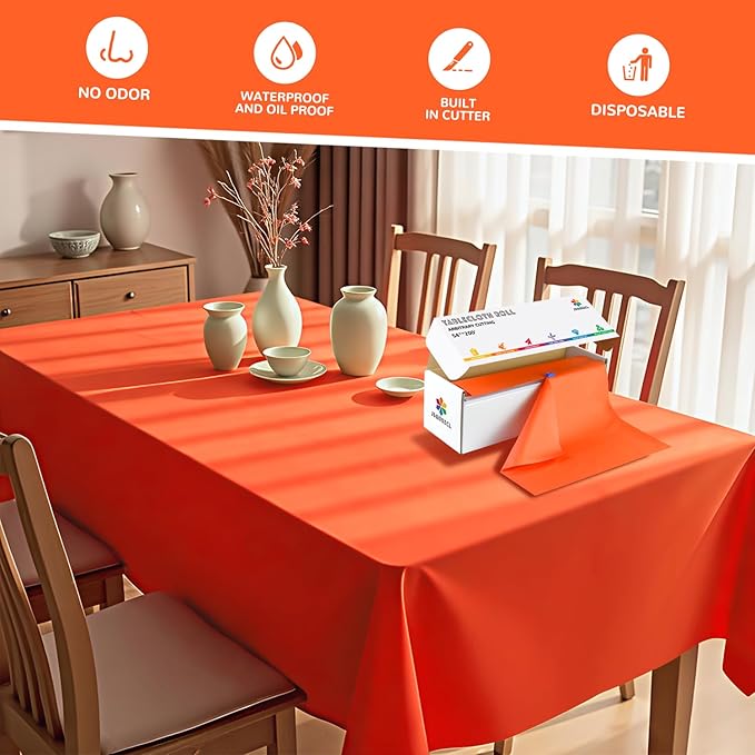 54 Inch X 200 Feet Plastic Table Cover Roll with Convenient Slide Cutter, Disposable Plastic Table Cloth Roll with Cut-to-Size Design for Weddings, Banquets, Parties (Orange)