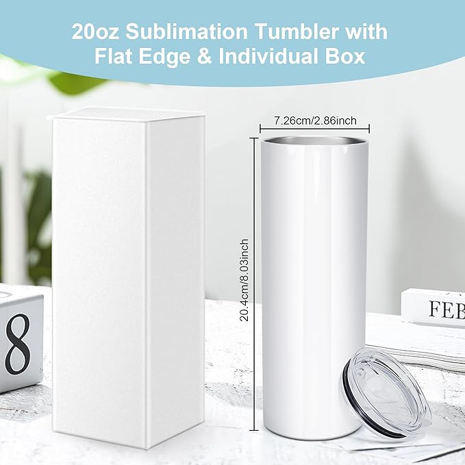 AGH 10pcs 20oz Sublimation Tumblers Bulk With Flat Edge, 20 oz Sublimation Tumbler Blank, Skinny Straight Stainless Steel Blanks Cups with Individual Box, Plastic Straw for Coffee, Drinks, DIY, Crafte